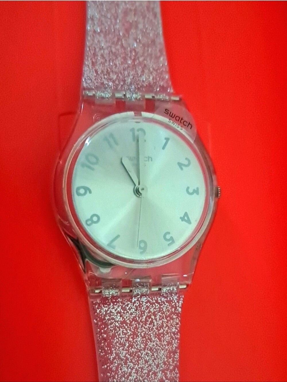 Swatch Quartz Women's Watch NWT Silver Sparkle Clear Polymer Strap Silver Face